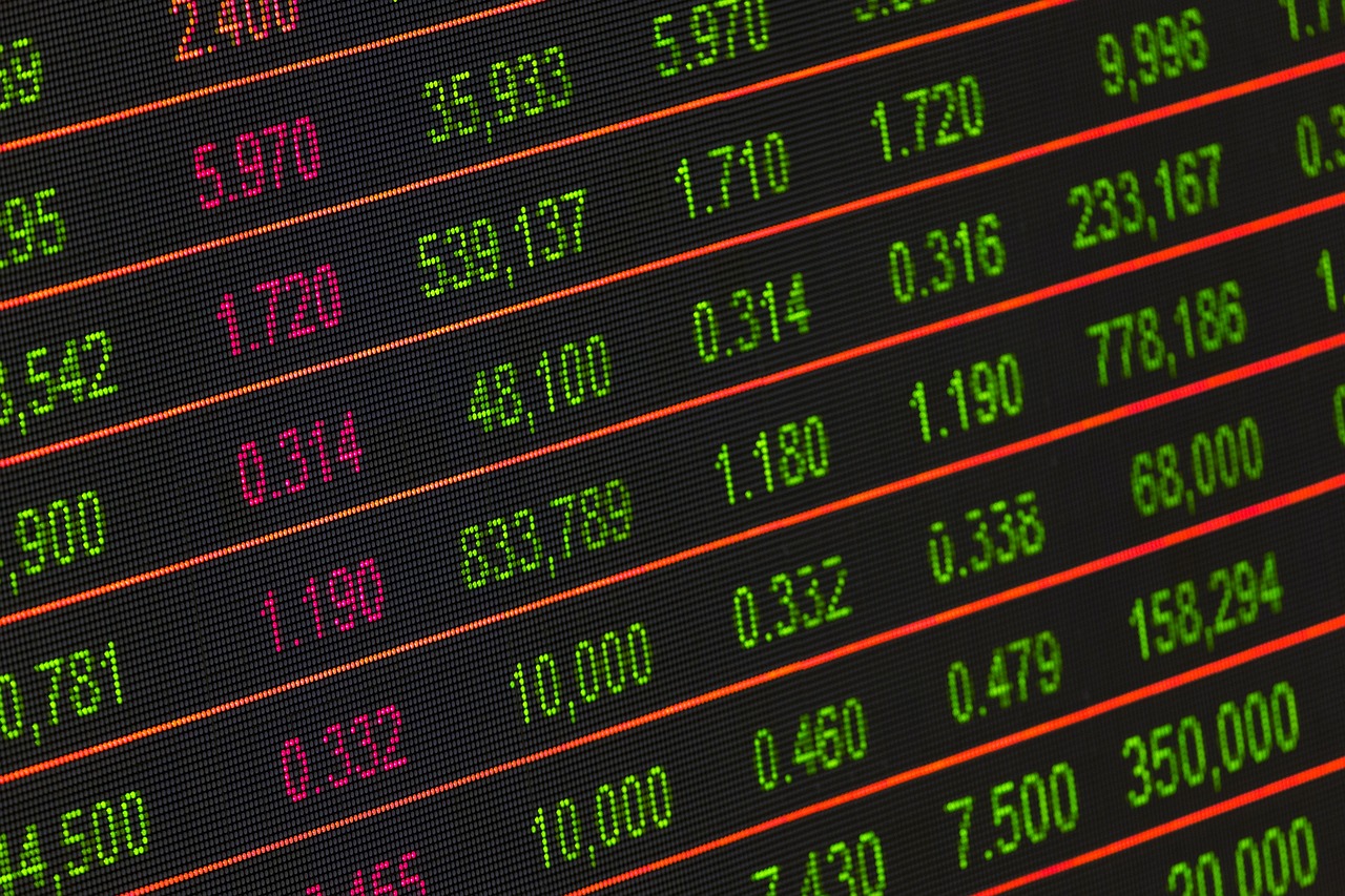 Close-up of a stock market data screen with numbers and financial figures in red and green.