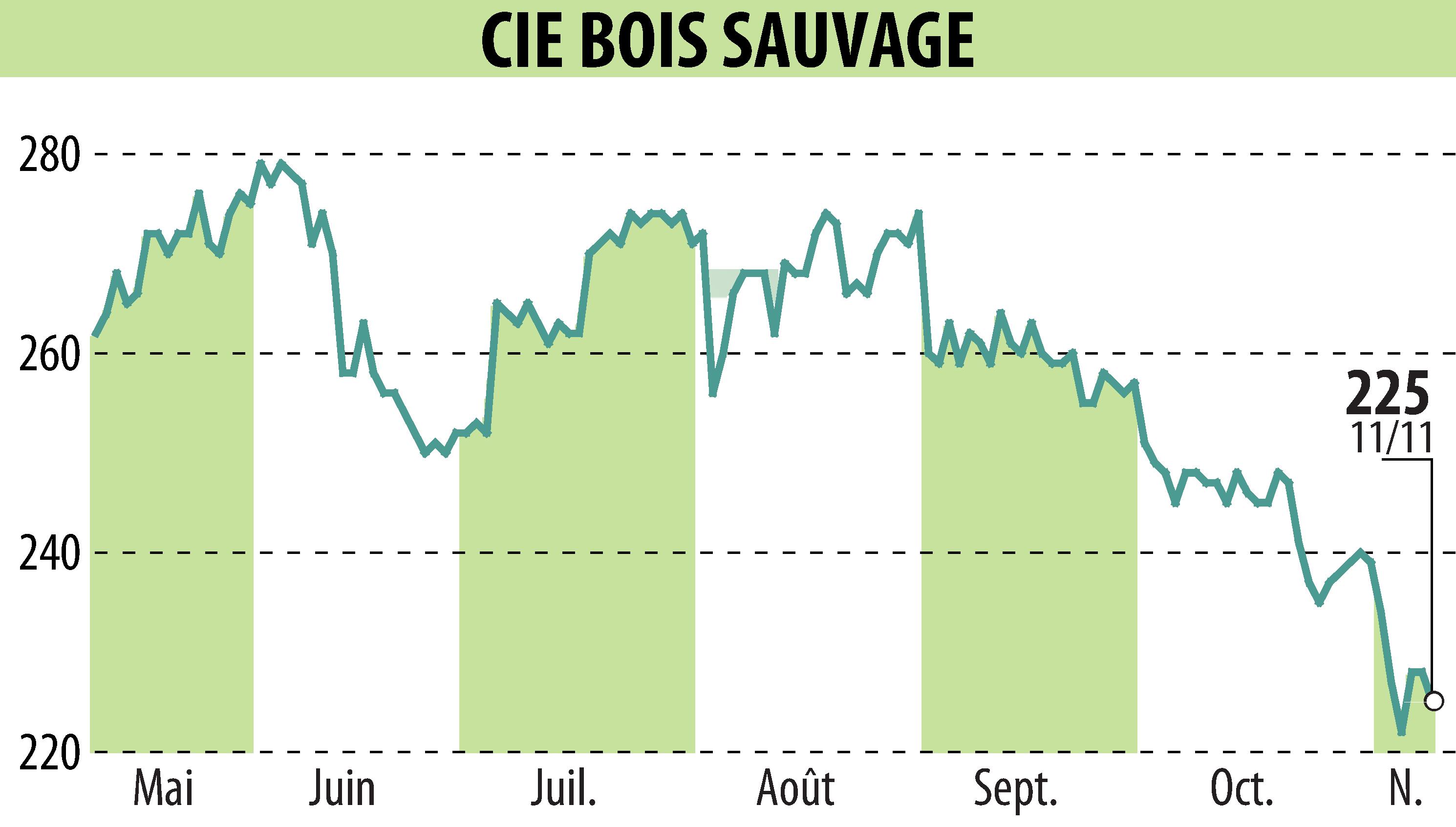 Stock price chart of COMPAGNIE BOIS SAUVAGE (EBR:COMB) showing fluctuations.