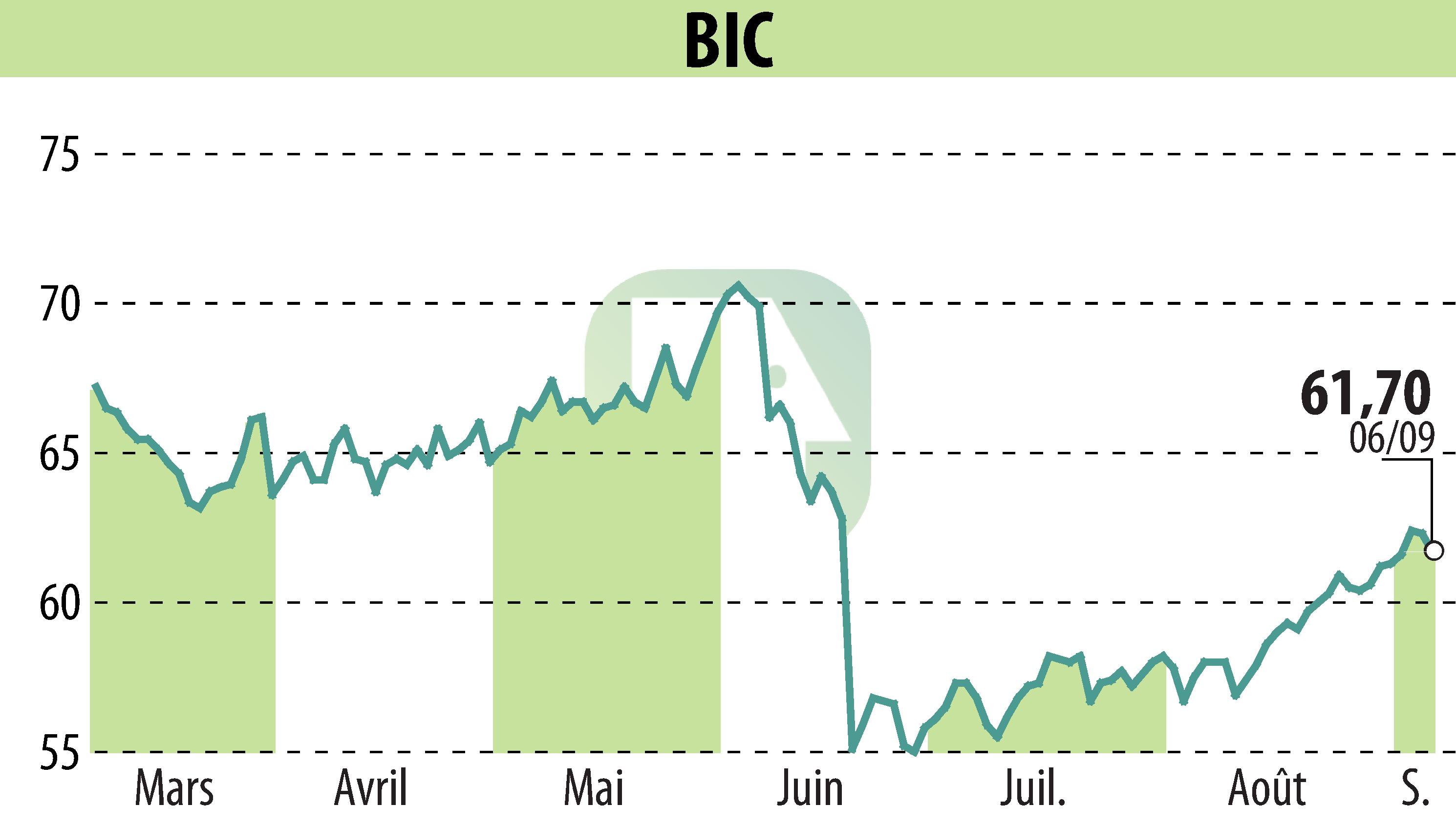 Graphique de l'évolution du cours de l'action BIC (EPA:BB).